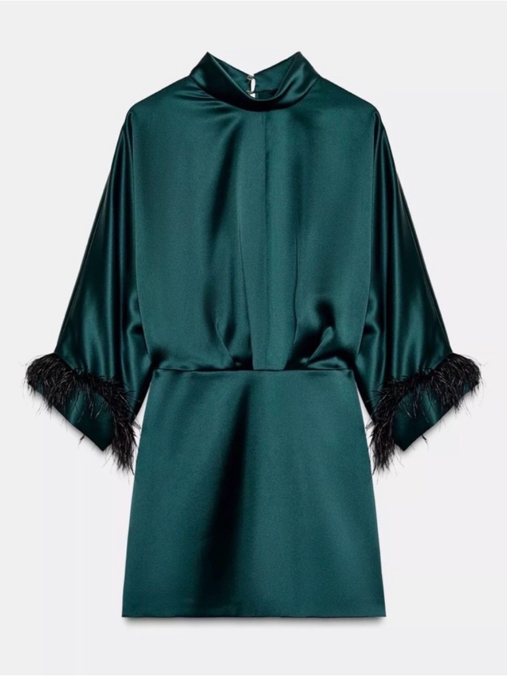 Zara Dark Teal Satin Mini Dress with Feather Trim - Picture 8 of 10